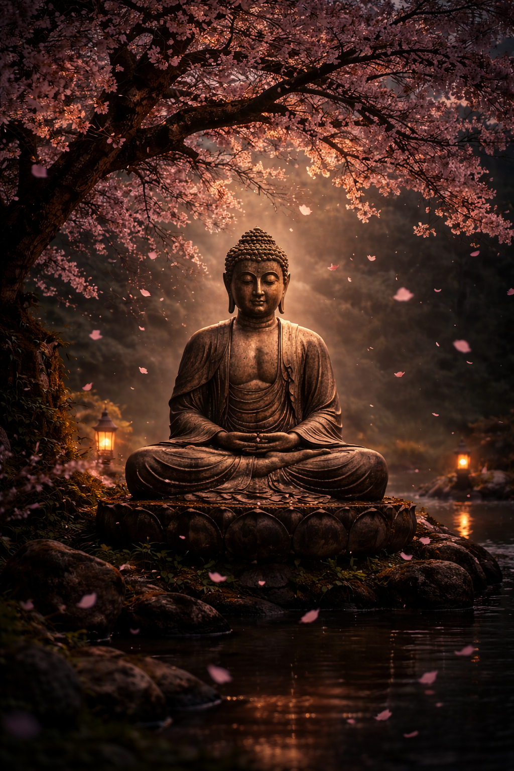 Buddha beneath a cherry blossom tree